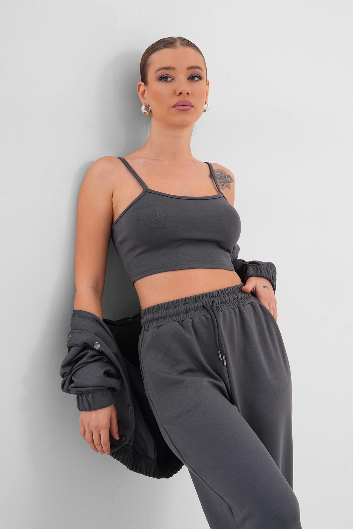 Yüksek Belli Geniş Paça Eşofman MDG-3027-P Füme 