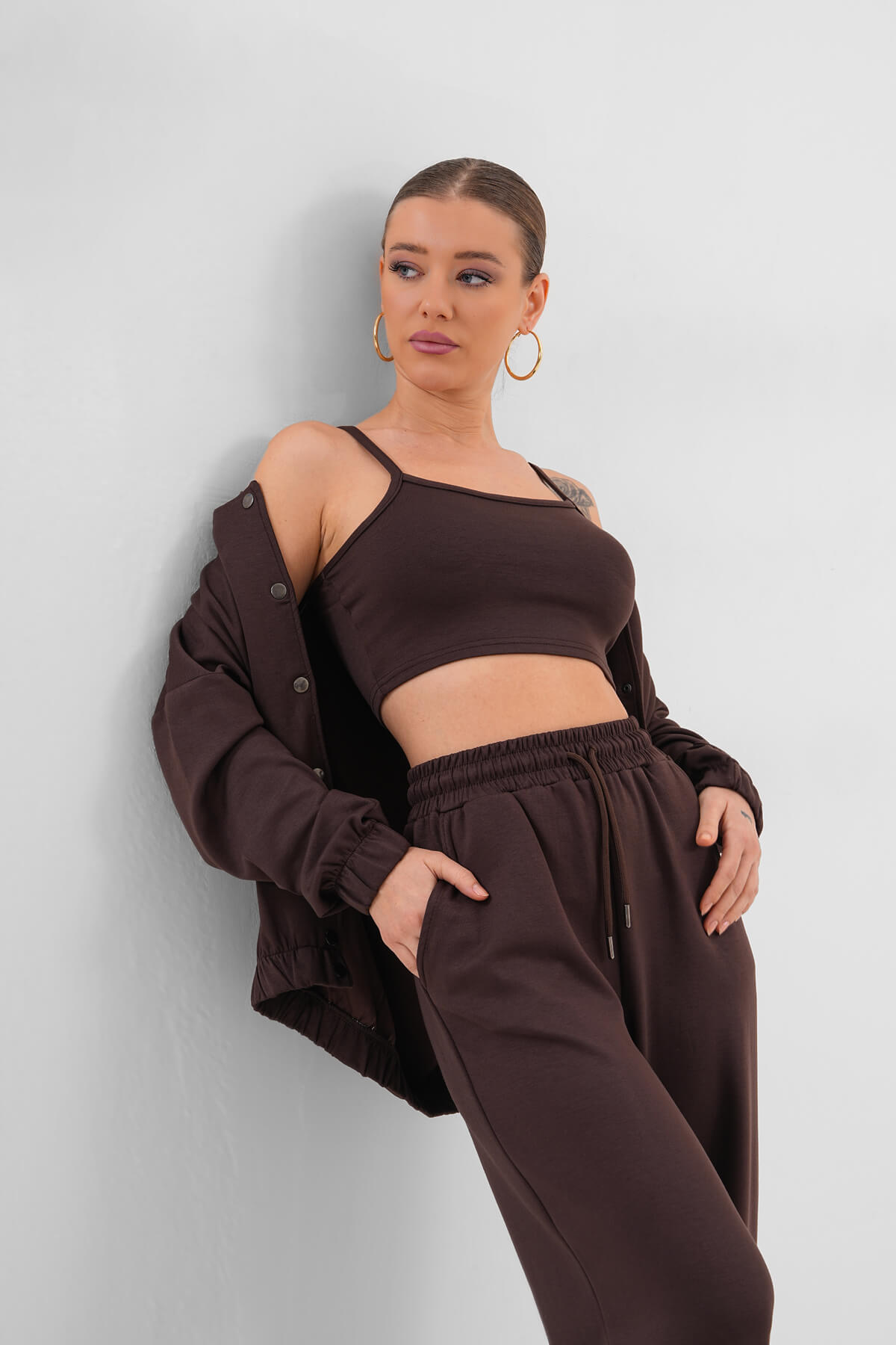 Yüksek Belli Geniş Paça Eşofman MDG-3027-P Kahverengi 