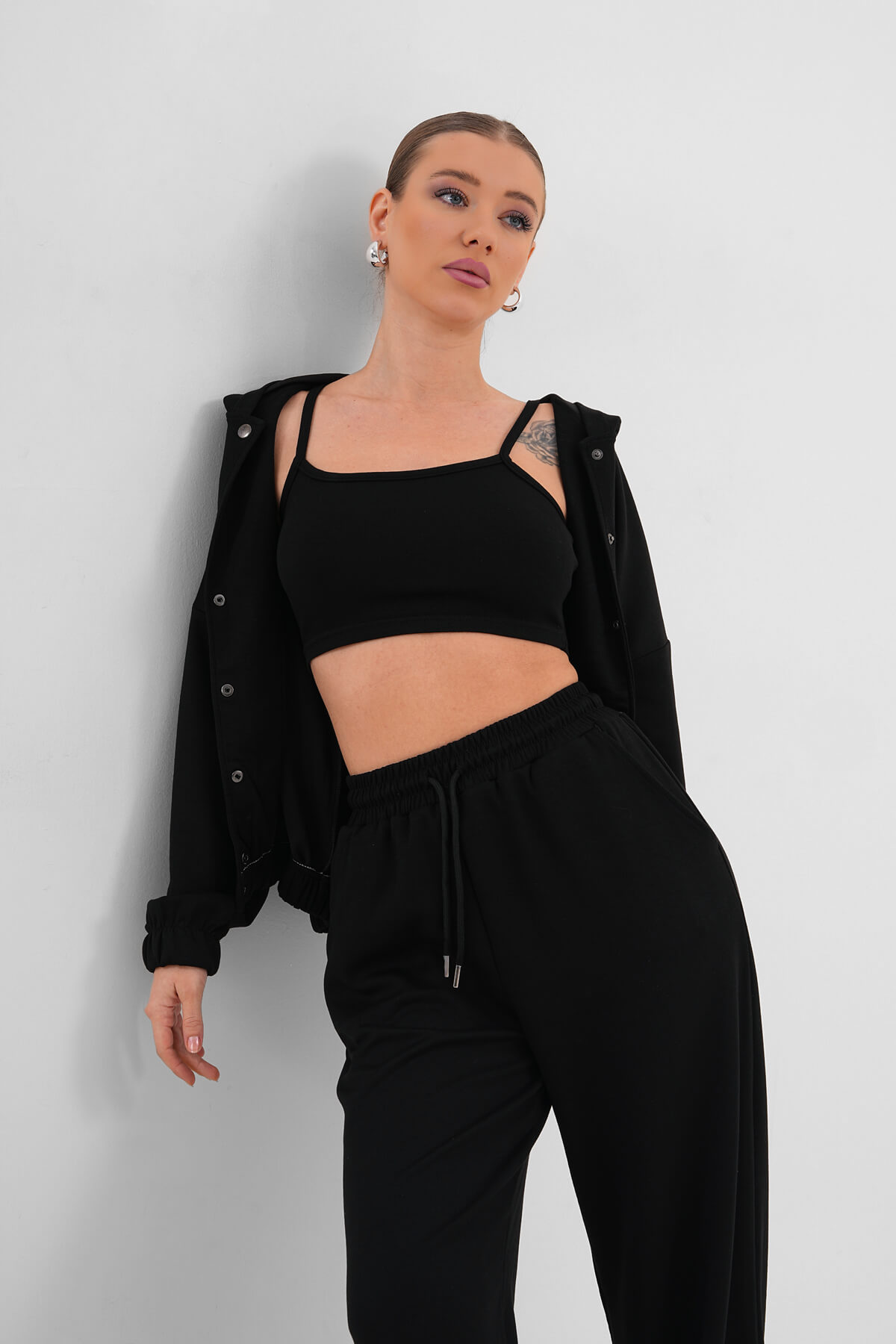 Yüksek Belli Geniş Paça Eşofman MDG-3027-P Siyah - 1