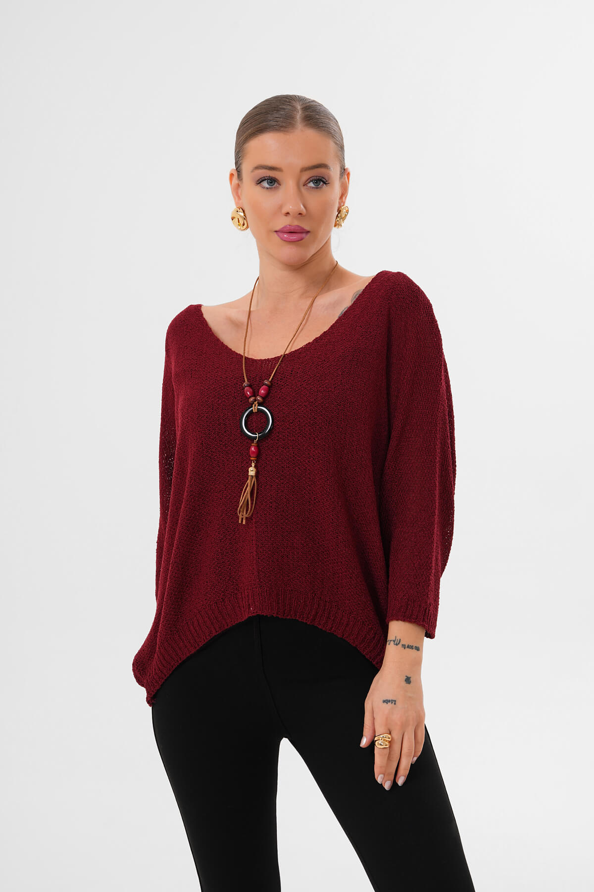 Yuvarlak Yaka Asimetrik İnce Örgü Triko MDG-1002 Bordo 