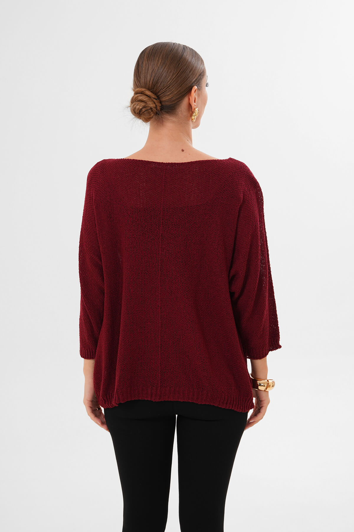 Yuvarlak Yaka Asimetrik İnce Örgü Triko MDG-1002 Bordo - 3