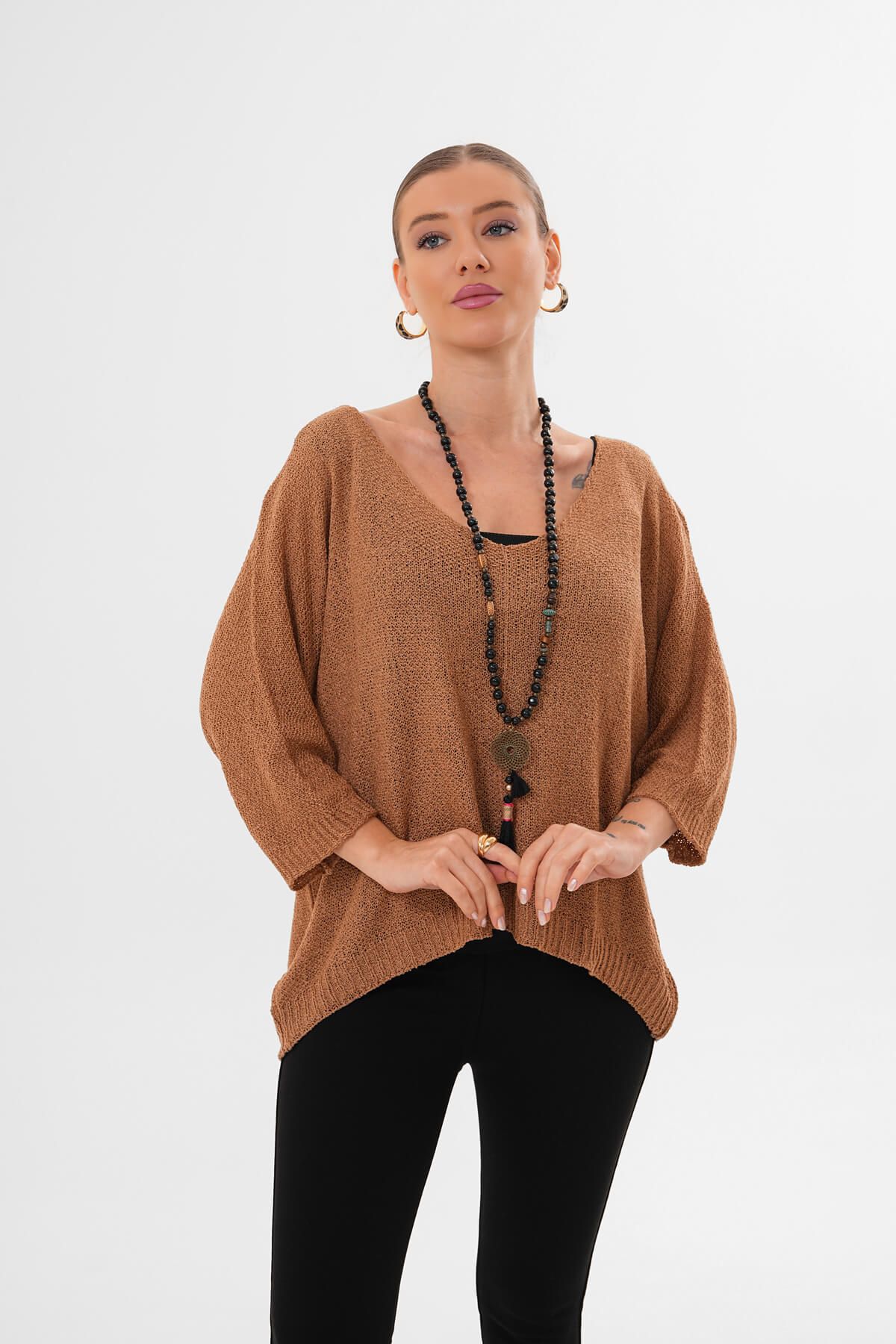 Yuvarlak Yaka Asimetrik İnce Örgü Triko MDG-1002 Camel - 1