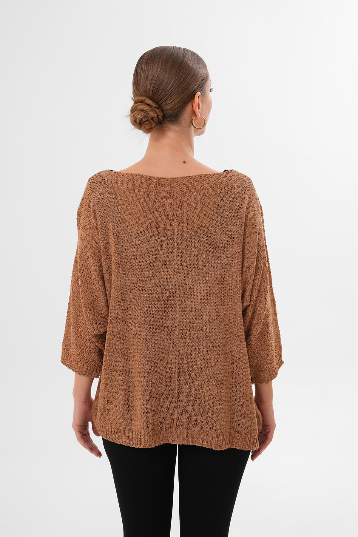 Yuvarlak Yaka Asimetrik İnce Örgü Triko MDG-1002 Camel - 3
