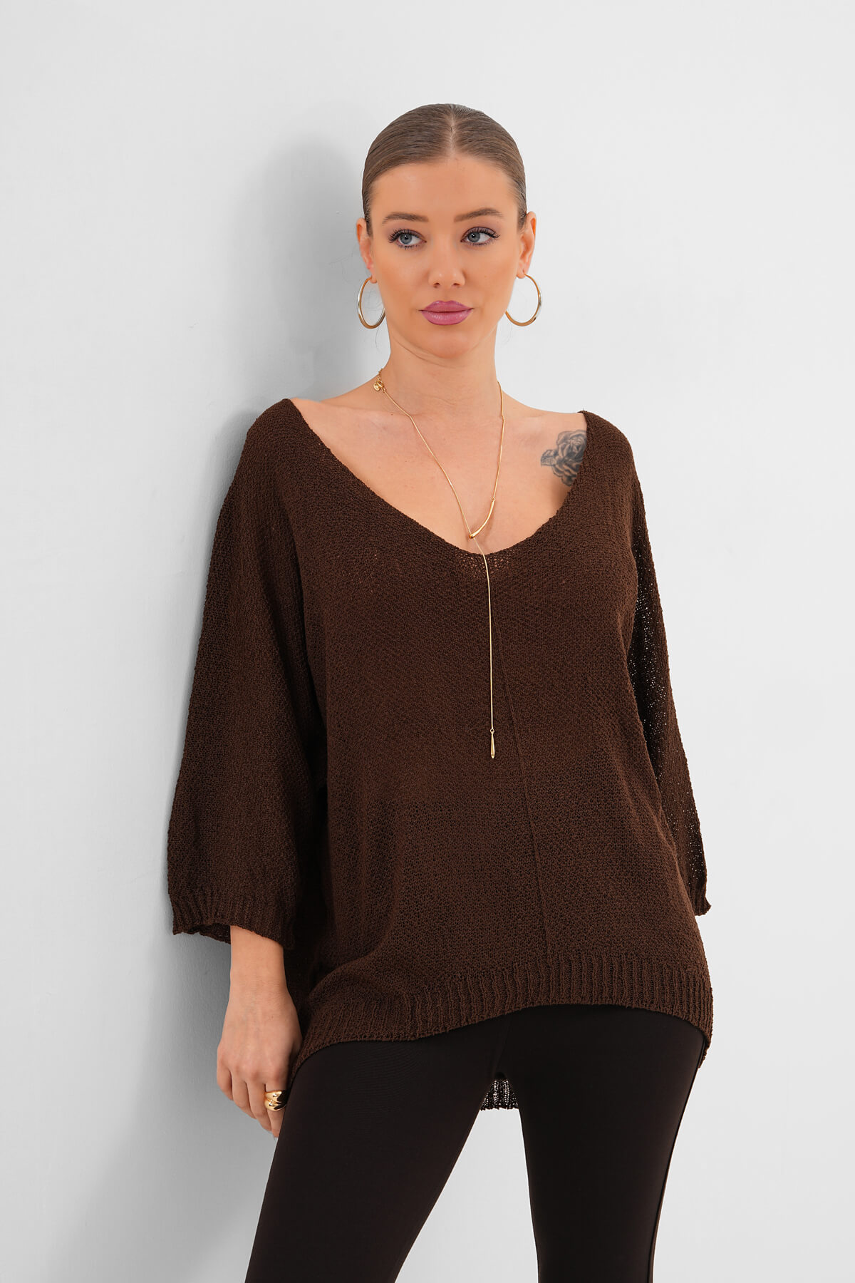 Yuvarlak Yaka Asimetrik İnce Örgü Triko MDG-1002 Kahverengi - 1