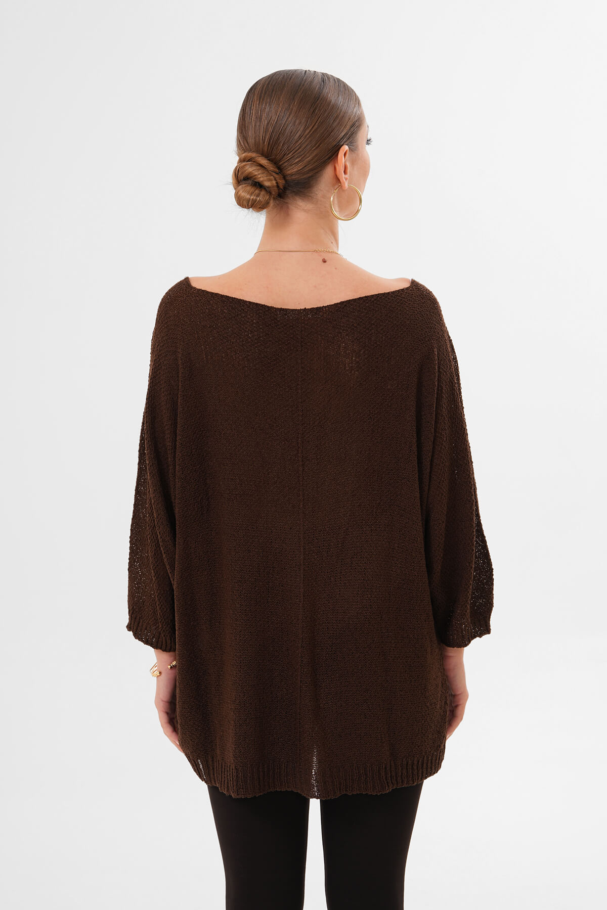 Yuvarlak Yaka Asimetrik İnce Örgü Triko MDG-1002 Kahverengi - 3