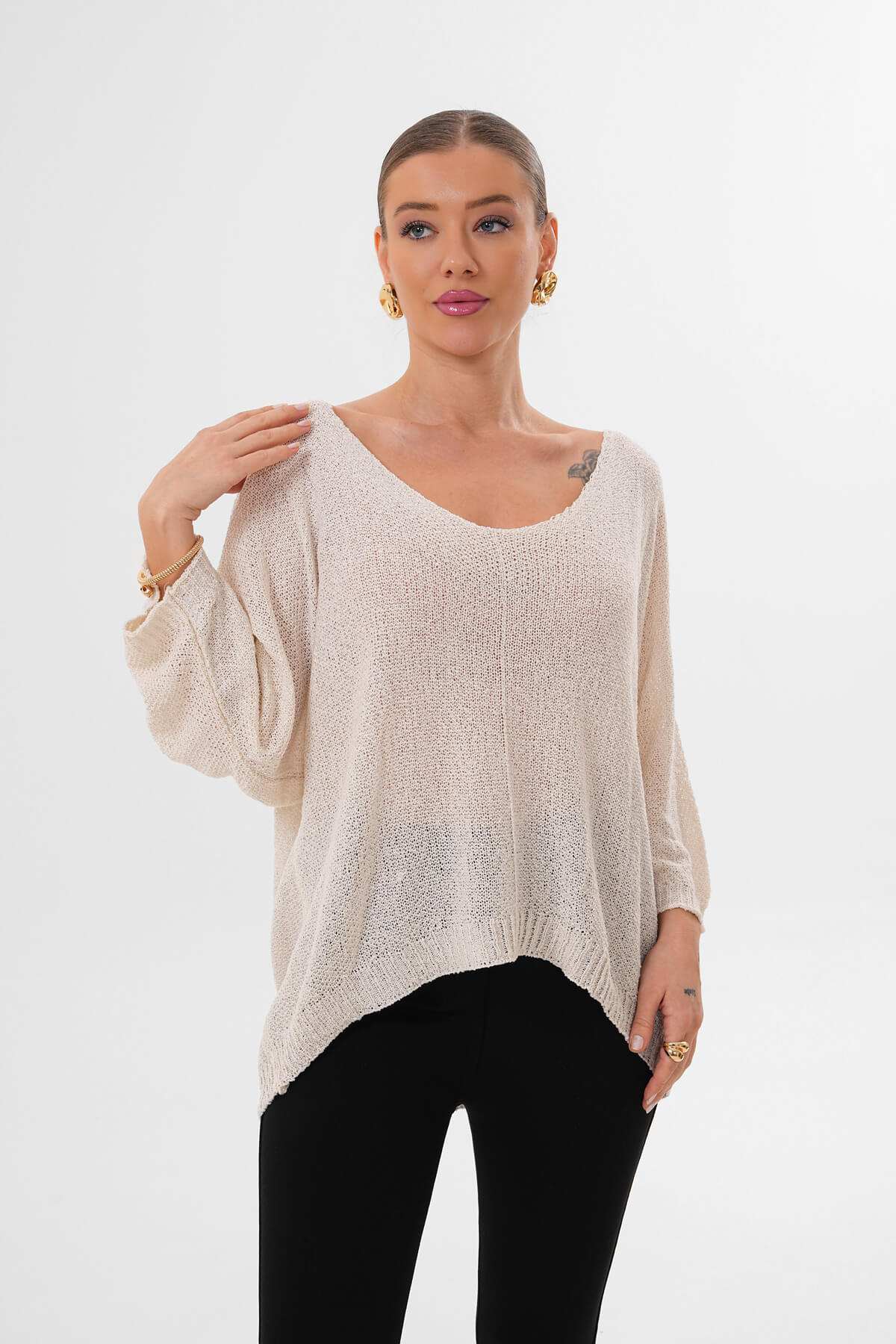 Yuvarlak Yaka Asimetrik İnce Örgü Triko MDG-1002 Krem - 1