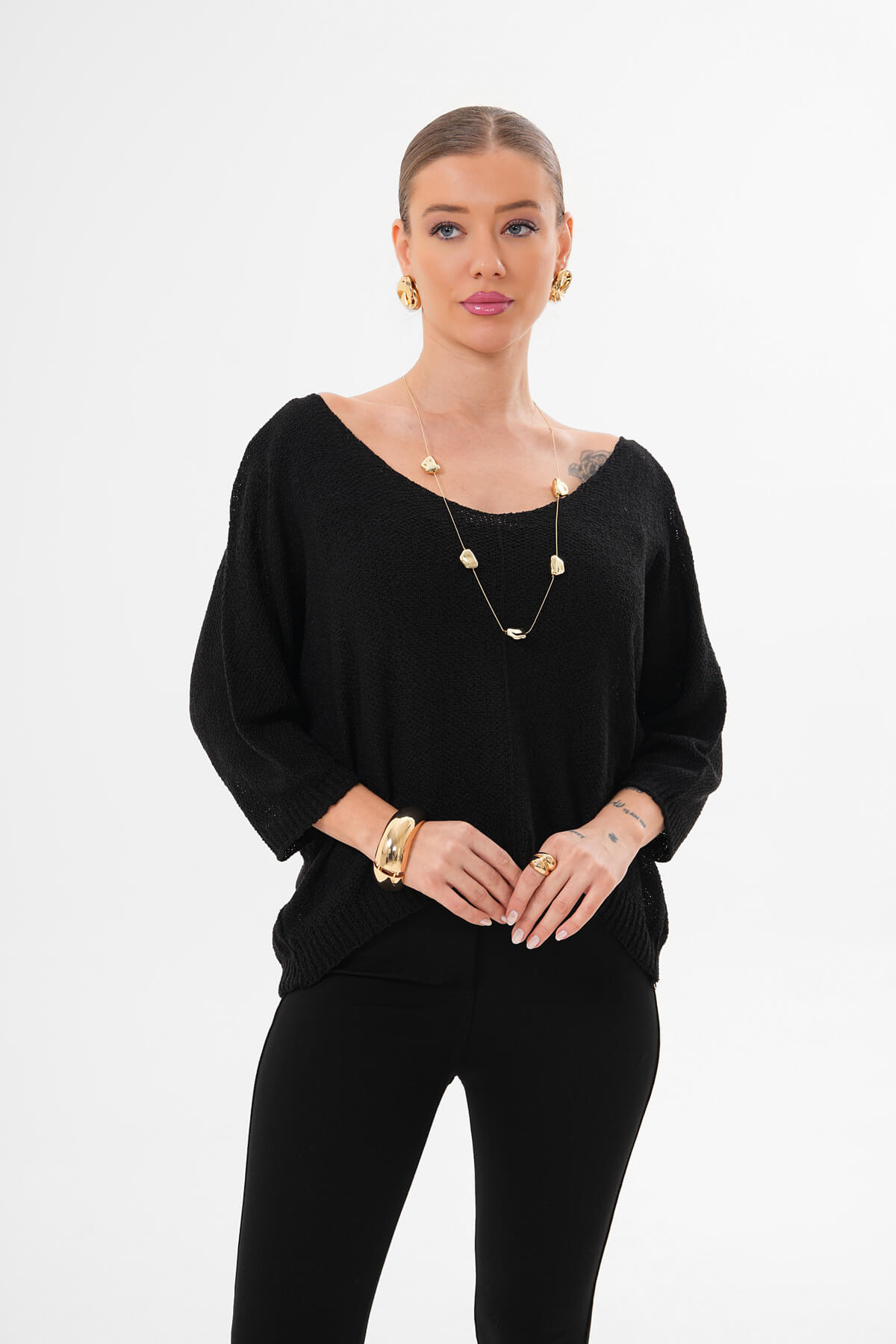 Yuvarlak Yaka Asimetrik İnce Örgü Triko MDG-1002 Siyah 