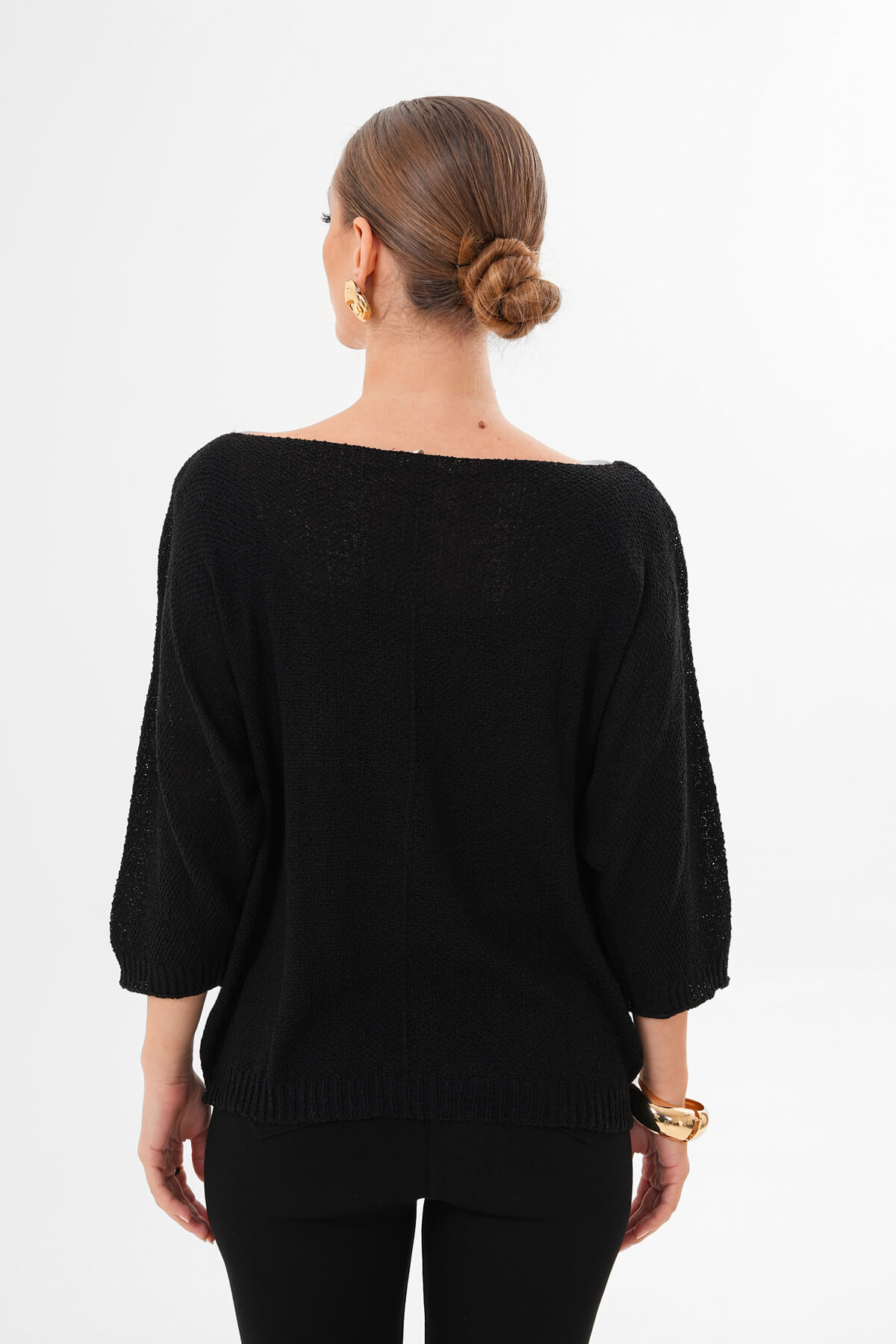 Yuvarlak Yaka Asimetrik İnce Örgü Triko MDG-1002 Siyah - 3