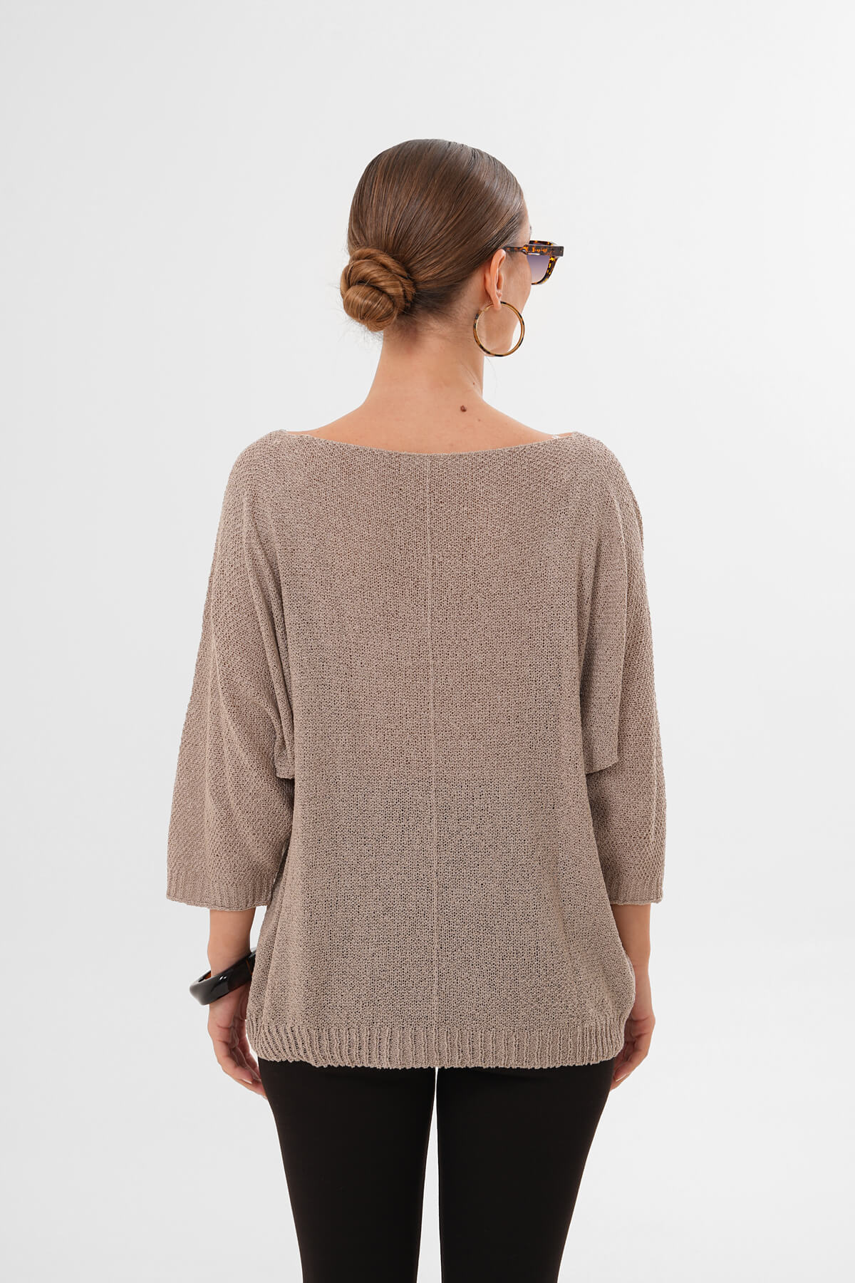 Yuvarlak Yaka Asimetrik İnce Örgü Triko MDG-1002 Taş - 3